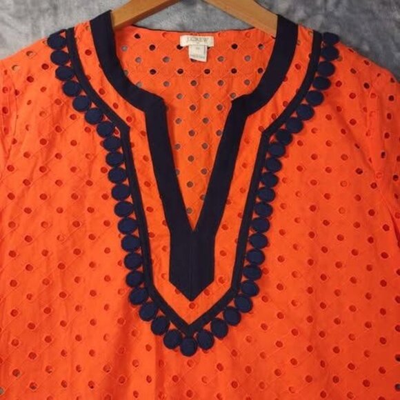 J.Crew Women's XS Eyelet Tunic Top Bright Orange Navy Trim sunny season staple - Picture 6 of 10